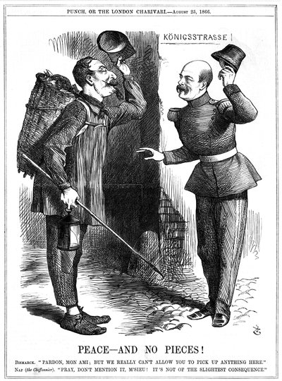 Napoleon III., französischer Kaiser 1852-1870, als Lumpensammler (Chiffonnier) verkleidet, von Otto von Bismarck, dem preußischen Kanzler, gewarnt. Napoleons territoriale Ambitionen führten zum Deutsch-Französischen Krieg von 1870-71. John Tenniel Karikatu von John Tenniel