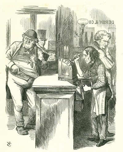 Der ehrliche Topfjunge: Reform des Parlaments - Erweiterung des Wahlrechts. Disraeli serviert John Bull die Reform, beobachtet von seiner parlamentarischen Opposition. Er führte und verabschiedete sein Reformgesetz. Tenniel Karikatur aus Punch, London von John Tenniel