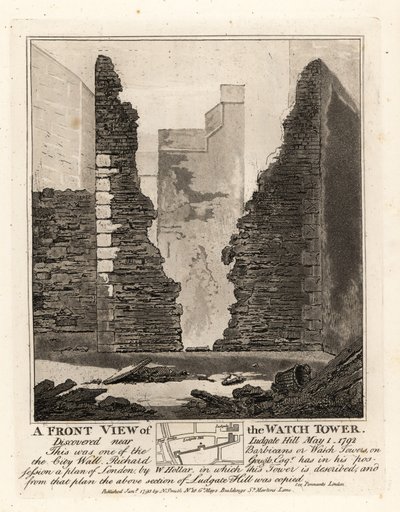 Vorderansicht des Wachturms oder Barbican in der Stadtmauer, entdeckt in der Nähe von Ludgate Hill, 1. Mai 1792 von John Thomas Smith