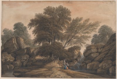 Figuren neben einem Wasserfall und Teich in einer bewaldeten Landschaft von John Varley