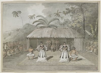 [Gesamte Zeichnung] Ein Tanz oder Heiva auf Otaheite [Tahiti]. Zwei Männer und zwei Frauen tanzen, mit Trommlern dahinter und Zuschauern auf beiden Seiten. September 1777 von John Webber