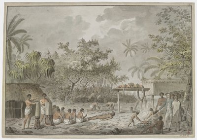 Menschliches Opfer am großen Morai in Attahouroo, Tahiti, beobachtet von Captain Cook am 1. September 1777 von John Webber