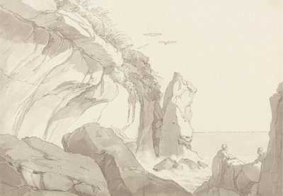 Der Warren in der Nähe von Exmouth, Devon: Figuren auf Felsen am Meeresrand von John White Abbott