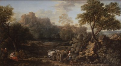 Ein Bauer mit Ochsenkarren und andere Reisende in einer bewaldeten Landschaft, um 1740 von John Wootton