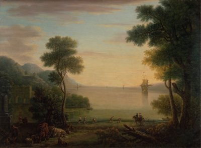 Klassische Landschaft mit Figuren und Tieren: Sonnenuntergang von John Wootton