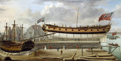 Ein Sechstratenschiff der britischen Royal Navy im Trockendock, wahrscheinlich in der Werft von Rotherhite an der Südbank der Themse von John the Elder Cleveley