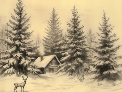 Friedliche Winterhütte mit Hirsch von Jolly and Dash