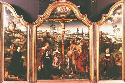 Triptychon: Kreuzigung flankiert von knienden Stiftern von Joos van Cleve