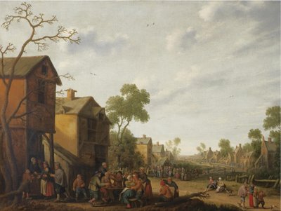 Eine Dorfszene mit Bauern, die draußen vor einem Gasthaus essen und trinken, Bettler links von Joost Cornelisz Droochsloot