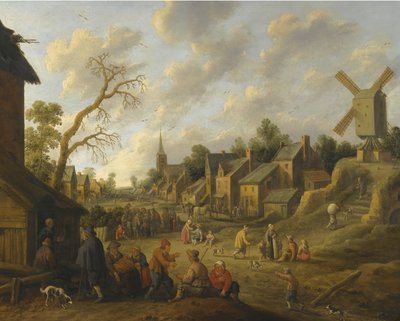 Eine breite Straße durch ein Dorf mit zahlreichen Figuren und einer Windmühle von Joost Cornelisz Droochsloot