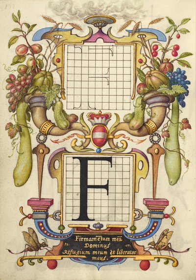 Anleitung zum Konstruieren des Buchstabens F von Joris Hoefnagel