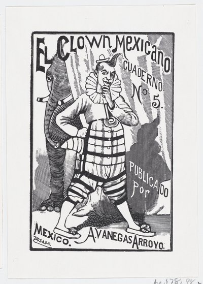 Ein Clown steht mit einer Hand in der Hüfte und ein Elefant lugt dahinter hervor, ca. 1880-1910 von José Guadalupe Posada