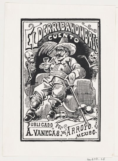 Ein Mann mit Waffen und einer Pfeife im Mund, flankiert von zwei Skeletten, Illustration..., ca. 1880-1910 von José Guadalupe Posada