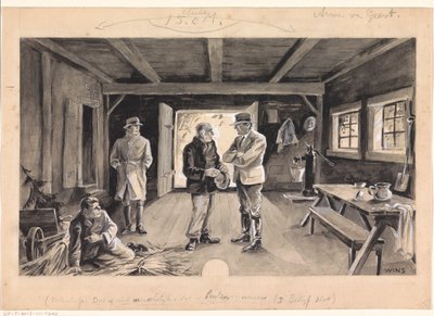Männer unterhalten sich in einer Scheune von Jos Wins (signed by artist)