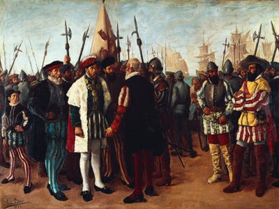 „Der französische König Franz I. (1494-1547) im Hafen von Valencia“ 19. Jahrhundert (Gemälde) von Jose Bru Albinana