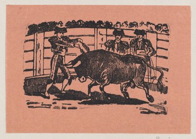 Ein Torero platziert Banderillas in die Schultern des Stiers, während zwei Männer hinter dem Stier stehen von José Guadalupe Posada