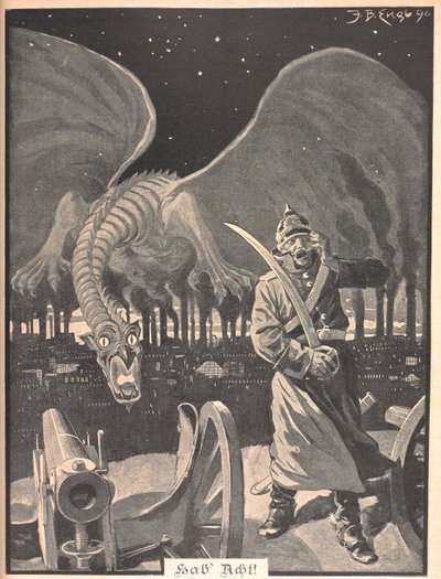 Zeichnung für das Gedicht "Wie die Nacht". Ein Drache, der aus dem Rauch von Fabriken entsteht, hinter einem deutschen Soldaten. Eine surreale Szene von Josef Benedikt engl