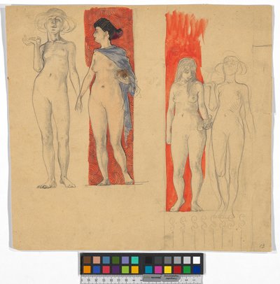 Vier Frauenakte (Studie zum Ferdinand Raimund Zyklus im Schloss Kogl, Attergau?) von Josef Engelhart
