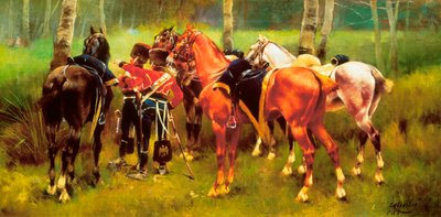 Gruppe von Husaren und Pferden im Wald von Josep Cusachs y Cusachs