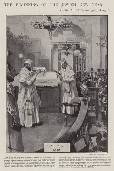 Feier des Beginns des jüdischen Neujahrs in der Großen Synagoge, Aldgate, London von Joseph (after) Finnemore