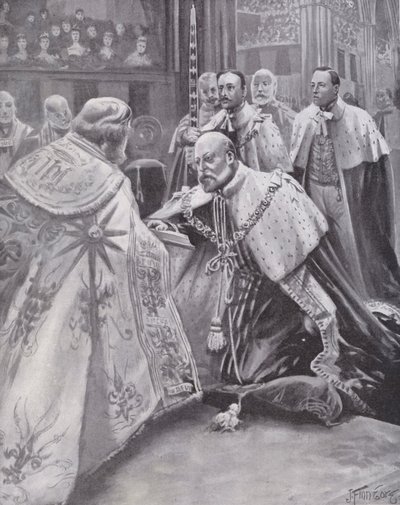 König Edward VII. legt den Eid bei seiner Krönung in der Westminster Abbey, London, ab von Joseph (after) Finnemore