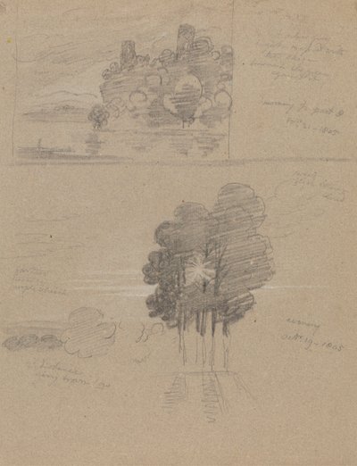 Zwei Skizzen einer Burg und von Bäumen; Morgen und Abend von Joseph Farington