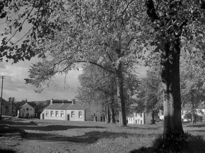 Bäume im Laub und Blick auf Dorfgebäude von Joseph Hardman