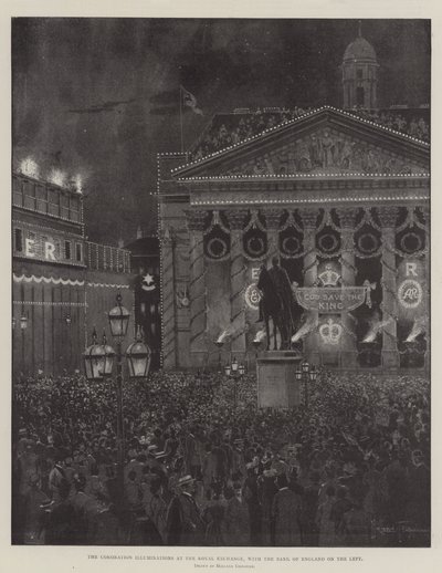Die Krönungsbeleuchtung an der Royal Exchange, mit der Bank of England links von Joseph Holland Tringham