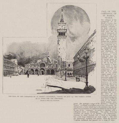 Der Fall des Campanile der St.-Markus-Kathedrale in Venedig am 14. Juli, der berühmte Turm, wie er zehn Jahrhunderte lang stand von Joseph Holland Tringham