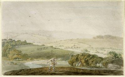 Ein Bauer sät, mit einem Flusstal und Hügeln im Hintergrund, ca. 1795 von Joseph Mallord William Turner