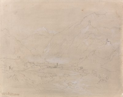 Gebirgslandschaft mit Stadt im Tal (ca. 1840) (Graphit und graue Waschung auf Papier) von Joseph Mallord William Turner