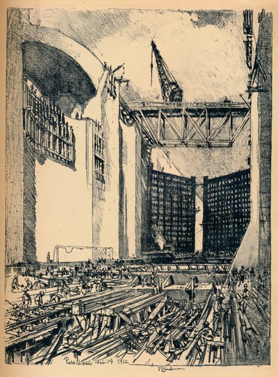 Verlegung des Bodens der Pedro Miguel Schleuse, 1912 von Joseph Pennell