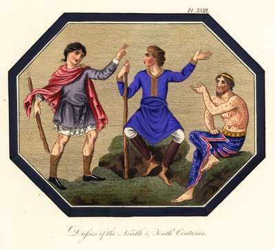 Angelsächsische Männerkostüme, 9. und 10. Jahrhundert (Kupferstich) von Joseph Strutt