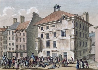 Die Septembermassaker: Das Massaker im Abbaye-Gefängnis bei St. Germain des Prés, 2.-5. September 1792, graviert von Reinier Vinkeles (1741-1816) und Daniel Vrydag (1765-1822) (Farbstich) von Joseph Swebach Desfontaines