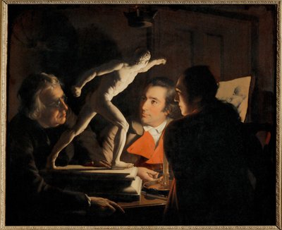 Im Licht einer Kerze studieren drei Männer ein kleines Objekt von Joseph Wright of Derby