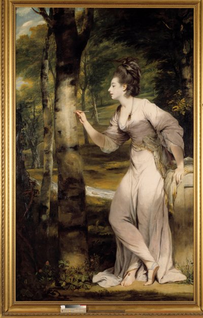Eine elegante Frau ritzt einen Namen in einen Baumstamm in romantischer Atmosphäre. Gemälde von Joshua Reynolds (1723-1792). 18. Jahrhundert. Privatsammlung von Joshua Reynolds