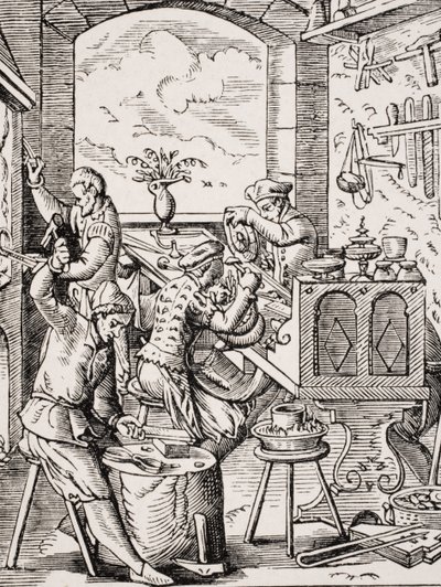 Goldschmied, Reproduktion eines Holzschnitts aus dem 16. Jahrhundert von Jost Amman von Jost (after) Amman