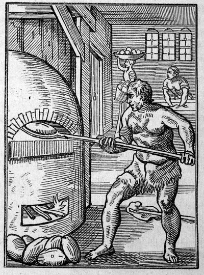 Ein Bäcker, der Brot in einem Ofen backt. Gravur von Jost Amman (1539-1591) 16. Jahrhundert von Jost Amman