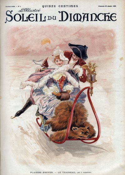 Wintervergnügen: Schlittenfahrt. Ein elegantes Paar beim Rodeln und Schlittschuhlaufen gleitet über den Schnee. Nach J. Koppay. Gravur in „Le Soleil-du-Dimanche“, 22. Januar von Joszi Arpad Koppay