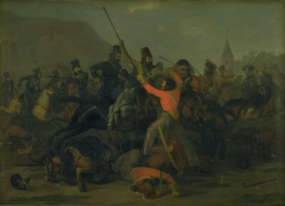 Oberst Boncke Bönnichsens Fall am 6. Dezember 1813 während eines Gefechts zwischen jütländischen Dragonern und Kosaken von Jørgen V. Sonne