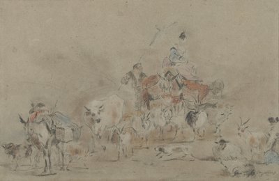 Ziehende Herde mit einer Hirtin auf einem Maultier von Jérôme François Chantereau