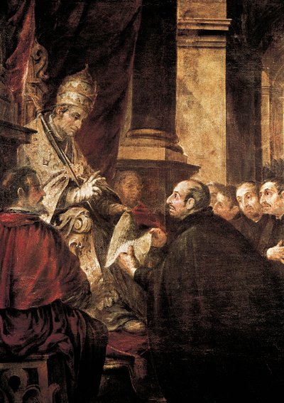 Ignatius von Loyola erhält die Bulle des Jesuitenordens von Papst Paul III., Gemälde von Juan de Valdes Leal von Juan de Valdes Leal