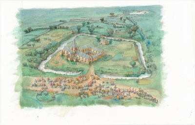 Rekonstruktionsgemälde von Latton Priory im späten 12. Jahrhundert von Judith Dobie