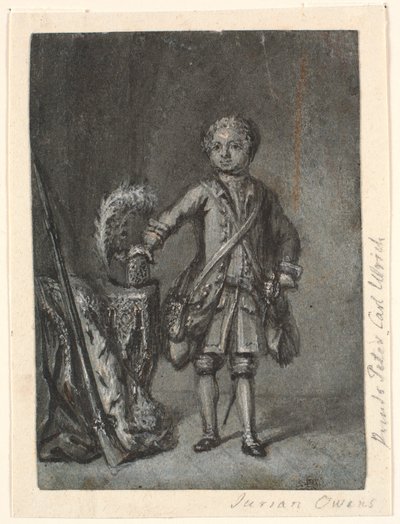 Porträt eines stehenden Jungen in Jagdausrüstung; links ein Tisch mit Jagdhut und Langlaufgewehr. Prinz Peter Carl Ulrich? von Jürgen Ovens