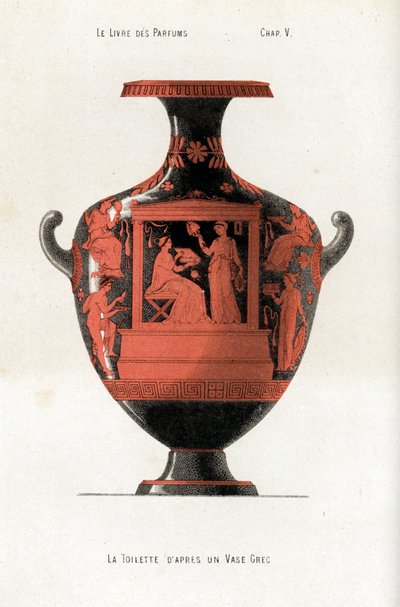 Griechische Vase, die eine Frau bei ihrer Toilette zeigt, die eine Schachtel mit Kosmetika und Parfums hält, unterstützt von einer Sklavin, die einen Fächer schwenkt von Jules (after) Cheret