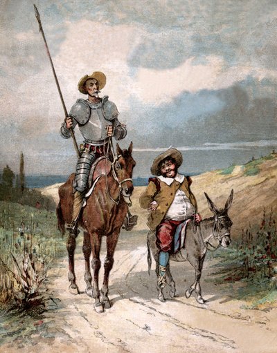 Don Quijote und Sancho Panza, Illustration des Buches von Miguel de Cervantes "Histoire de Don Quichotte", Gravur nach Jules David von Jules (after) David