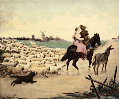 Ein Herrenhaus und ein Hirte auf einem Pferd. Ein Esel ist rechts von ihnen. Die Schafe und der nächste Hirtenhund. Pantagruel. Illustration von Jules Garnier. In „Rabelais et l