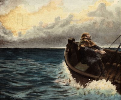 Ägyptischer Seemann Thamous auf seinem Boot. Illustration von Jules Garnier. In "Rabelais et l