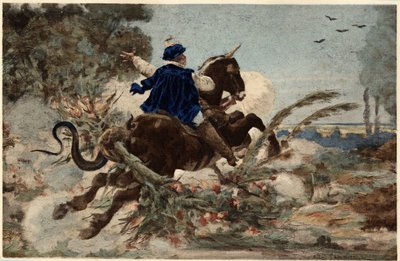 Gargantua auf seiner Stute zerstört den Wald von Beauce. Gargantua. Illustration von Jules Garnier. In „Rabelais et l