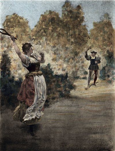 Mann und Frau spielen Griesche (Grieche). Gargantua. Illustration von Jules Garnier. In „Rabelais et l